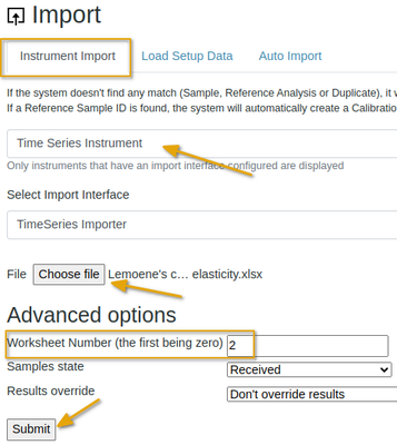 Select Time Series Results file to import in Bika Open Source LIMS