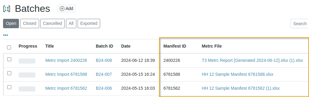 Metrc information on Batch Lists in Bika Cannabis Open Source LIMS