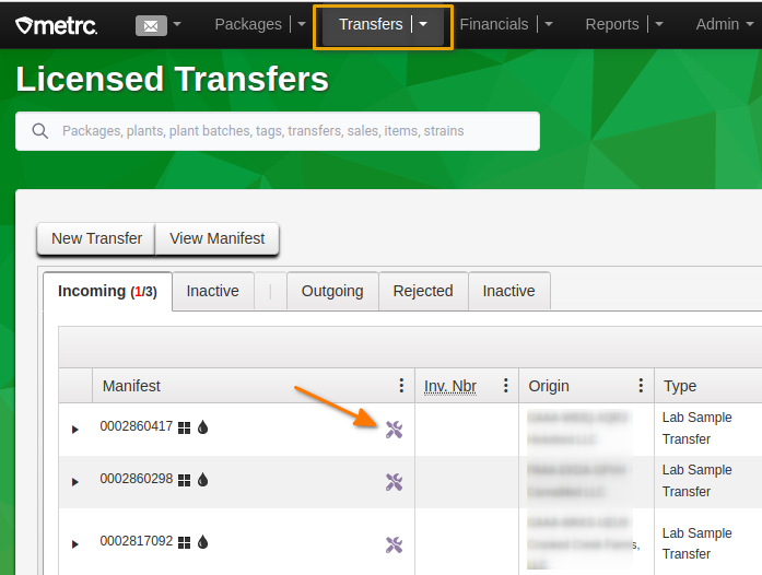 Select Metrc Transfer to download to Bika Cannabis Open Source LIMS