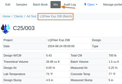 The Mix tab on a Concrete Batch in Bika Cement Open Source LIMS for cement and concrete laboratories