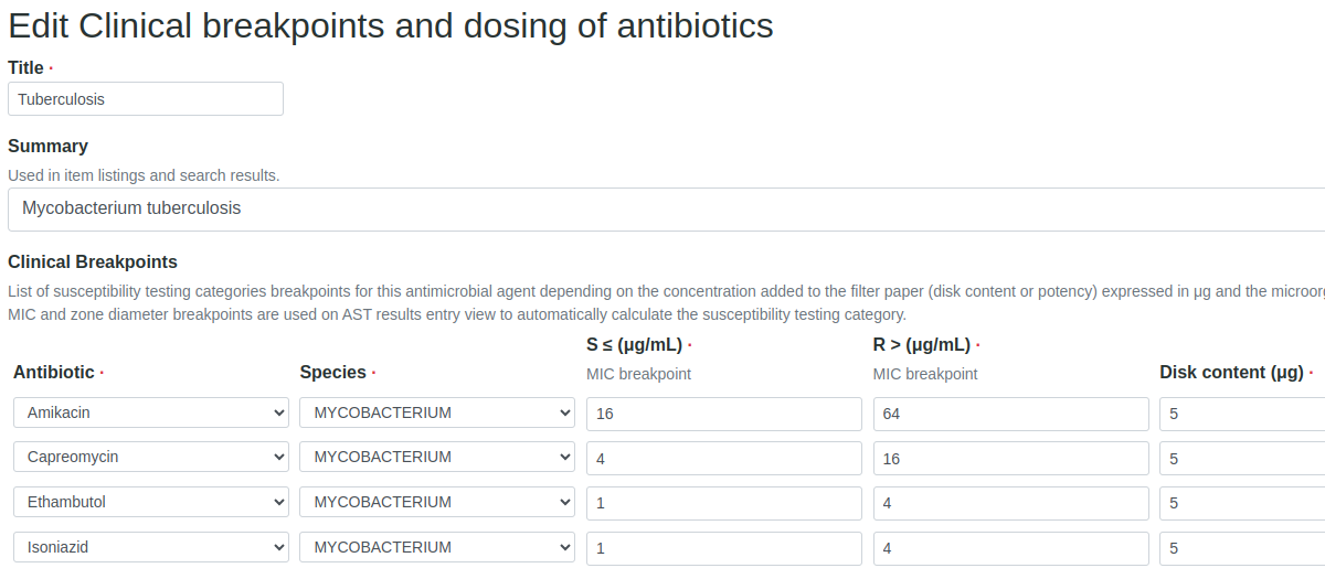 TB Breakpoint table in Bika Open Source LIMS