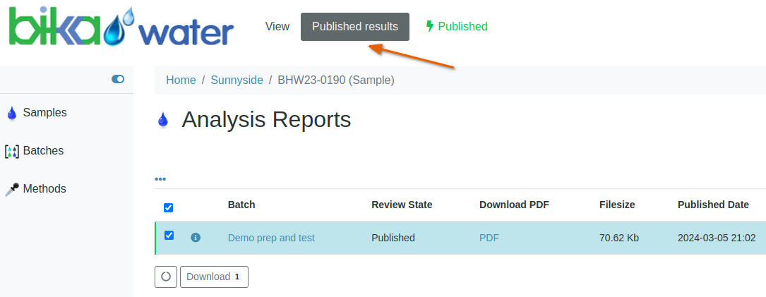 A Sample's Published COAs in Bika Open Source LIMS