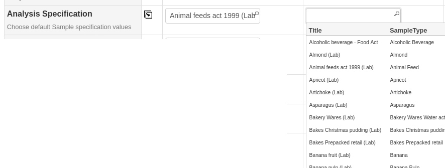 Analysis Specification selection on the Sample registration form in Bika Open Source LIMS