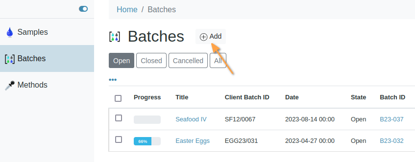 Click Add Batch in Bika Open Source LIMS