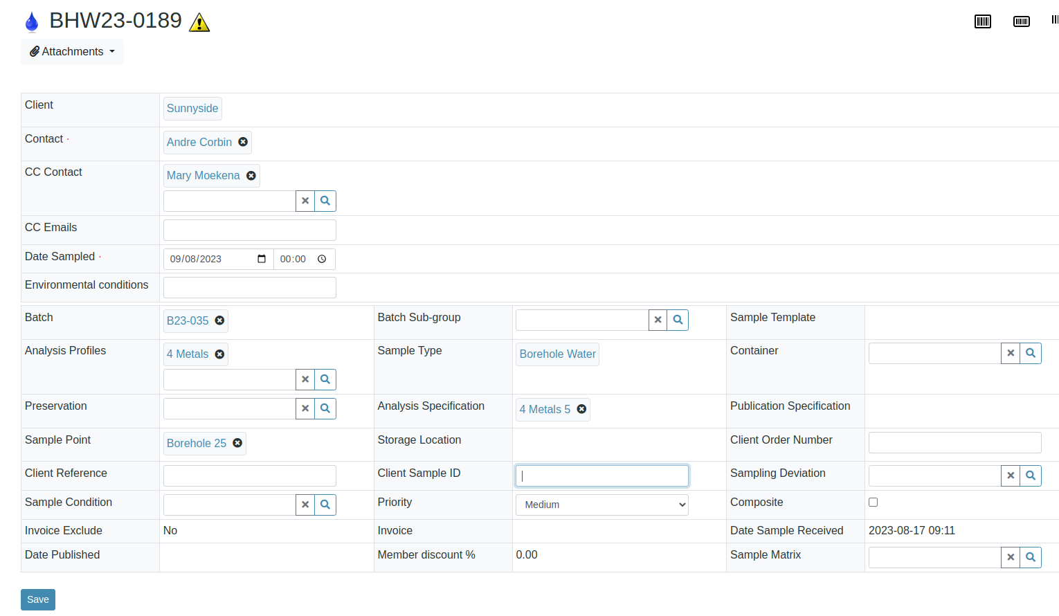 Sample attributes block in Bika Open Source LIMS