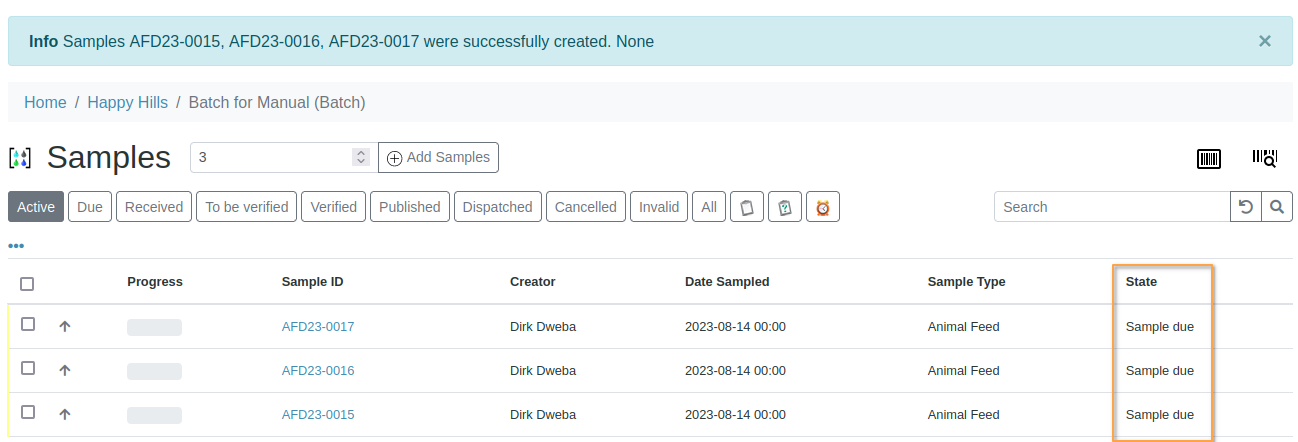 Samples successfully created in Bika Open Source LIMS