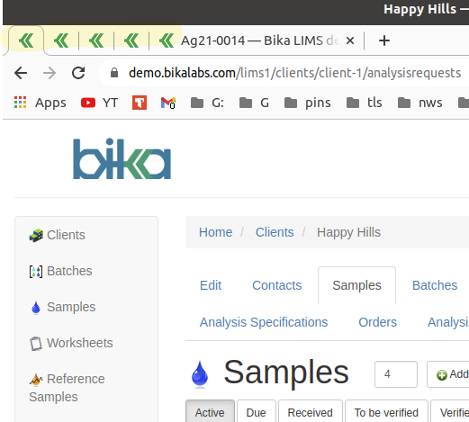 Pinned browser tabs in Bika Open Source LIMS