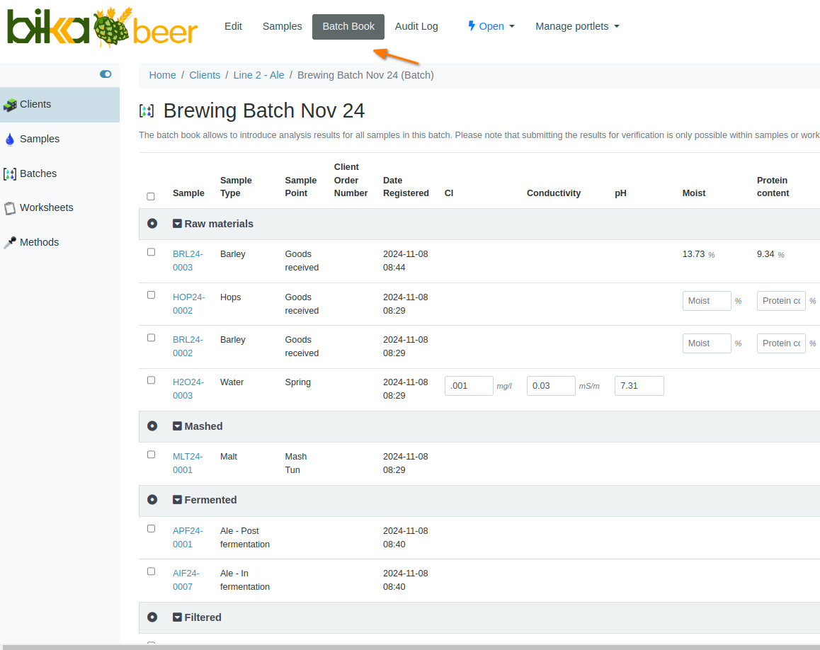 Batchbook view in Bika Open Source LIMS