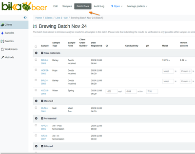 Batchbook view in Bika Open Source LIMS